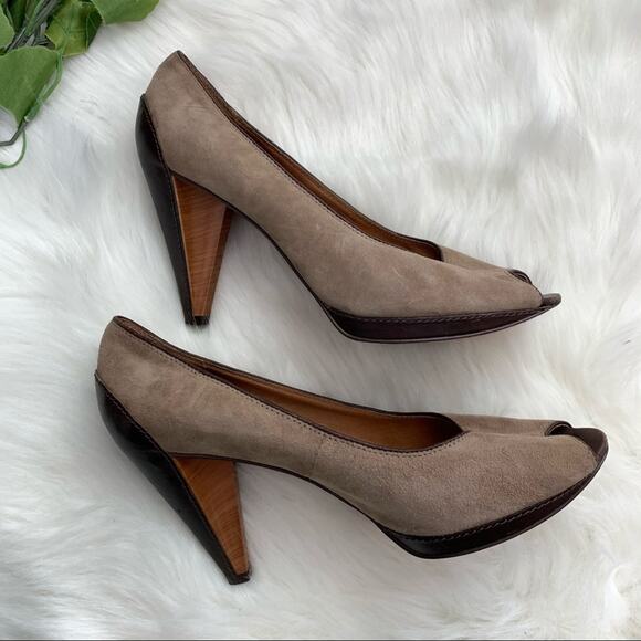Fossil | Tan Suede Leather Peep Toe Pump Heels Size 9.5 Brown Open Toe Shoes - Picture 3 of 12